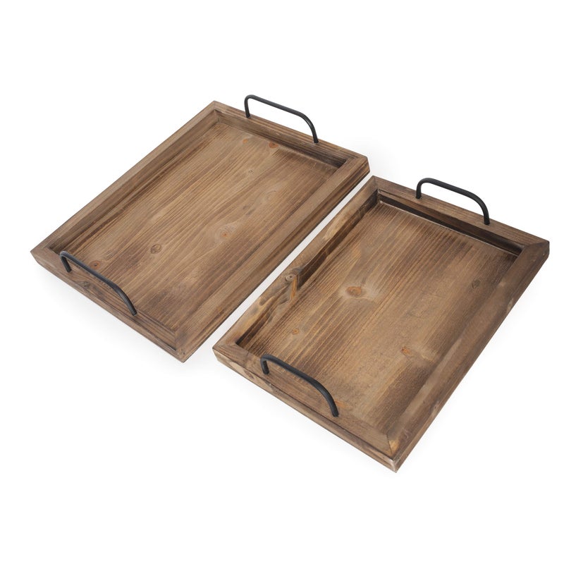 Besti Rustic Vintage Food Serving Trays (Set of 2) | Nesting Wooden Board with Metal Handles | Stylish Farmhouse Decor Serving Platters | Large: 15 x2 x11 - Small: 13 x2 x9 inches (Rustic Burnt) - Image 5